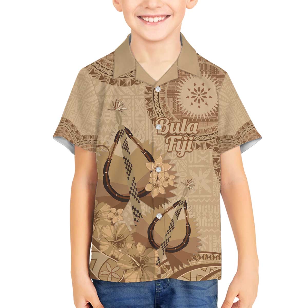 Brown Bula Fiji Family Matching Off The Shoulder Long Sleeve Dress and Hawaiian Shirt Fijian Dance Fan Tapa Cloth Pattern