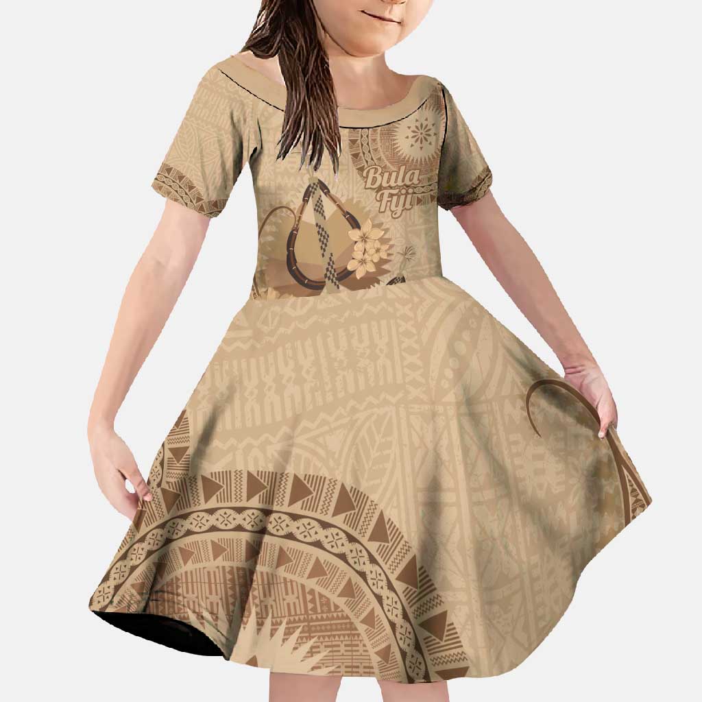 Brown Bula Fiji Family Matching Off Shoulder Maxi Dress and Hawaiian Shirt Fijian Dance Fan Tapa Cloth Pattern