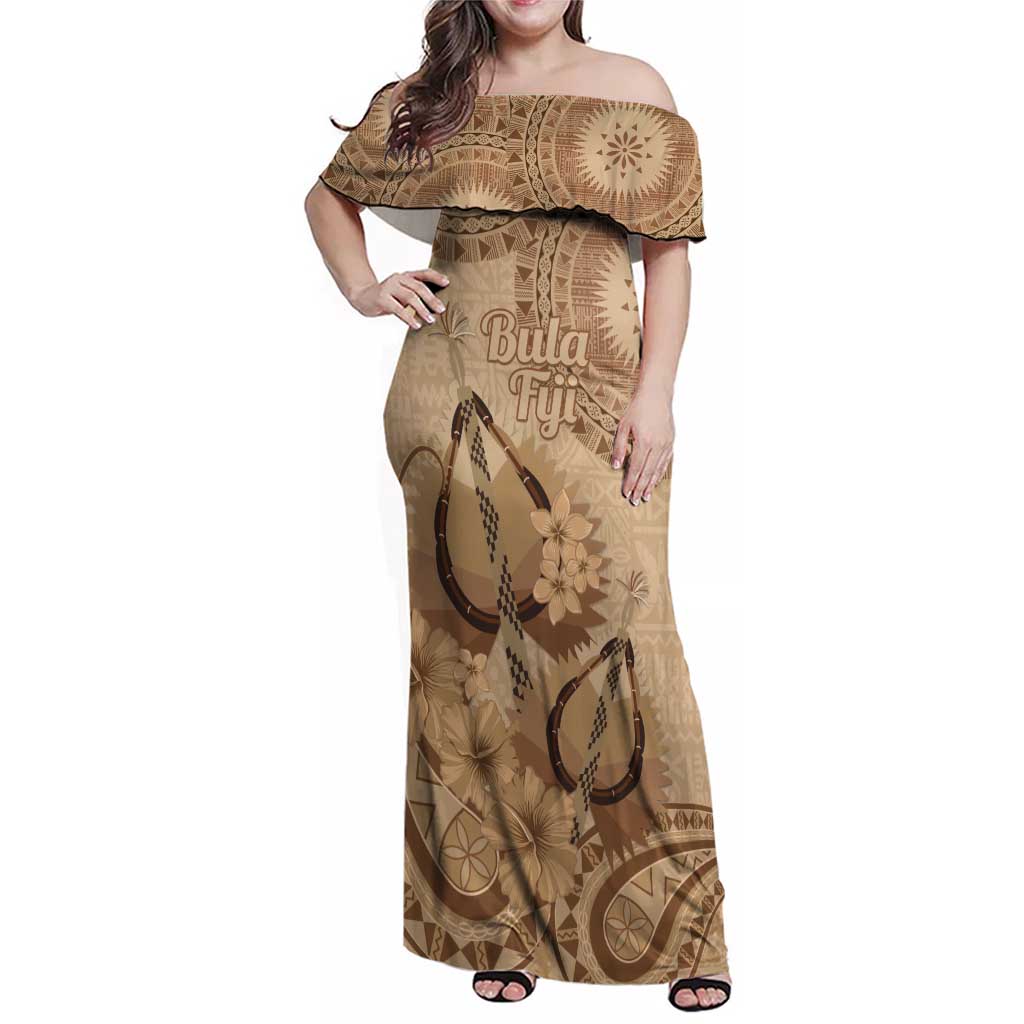 Brown Bula Fiji Family Matching Off Shoulder Maxi Dress and Hawaiian Shirt Fijian Dance Fan Tapa Cloth Pattern