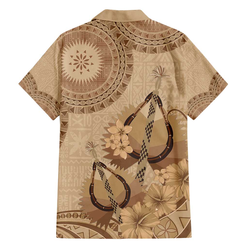Brown Bula Fiji Family Matching Off Shoulder Short Dress and Hawaiian Shirt Fijian Dance Fan Tapa Cloth Pattern