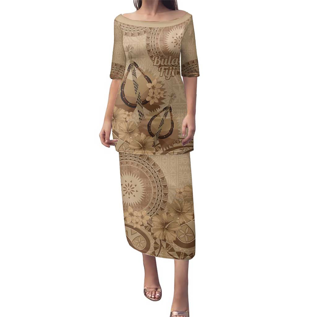 Brown Bula Fiji Family Matching Puletasi and Hawaiian Shirt Fijian Dance Fan Tapa Cloth Pattern