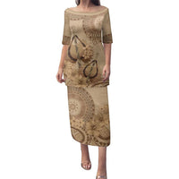 Brown Bula Fiji Family Matching Puletasi and Hawaiian Shirt Fijian Dance Fan Tapa Cloth Pattern