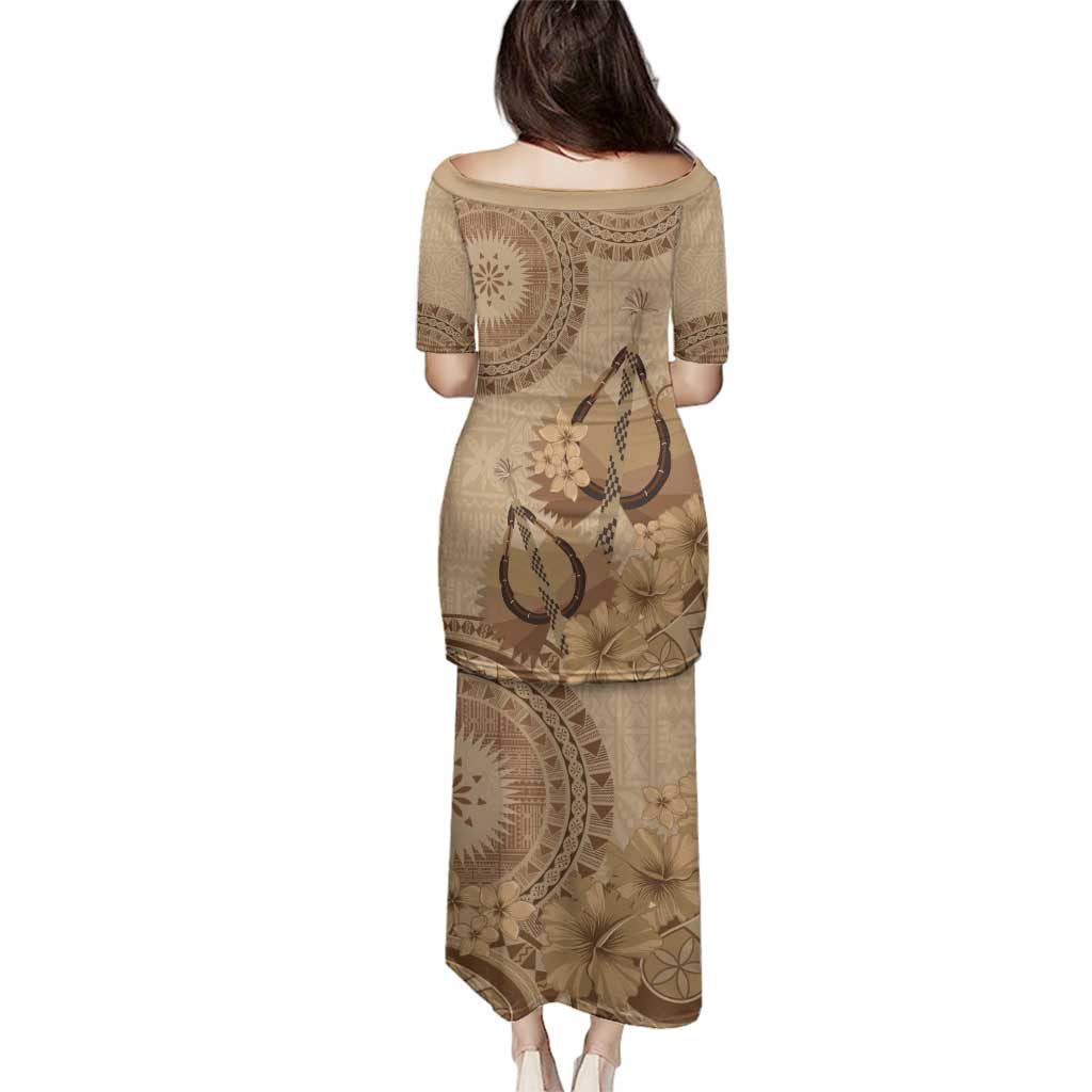 Brown Bula Fiji Family Matching Puletasi and Hawaiian Shirt Fijian Dance Fan Tapa Cloth Pattern