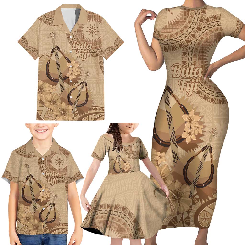 Brown Bula Fiji Family Matching Short Sleeve Bodycon Dress and Hawaiian Shirt Fijian Dance Fan Tapa Cloth Pattern