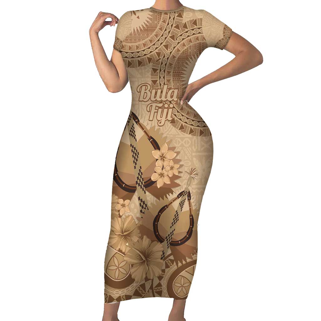 Brown Bula Fiji Family Matching Short Sleeve Bodycon Dress and Hawaiian Shirt Fijian Dance Fan Tapa Cloth Pattern