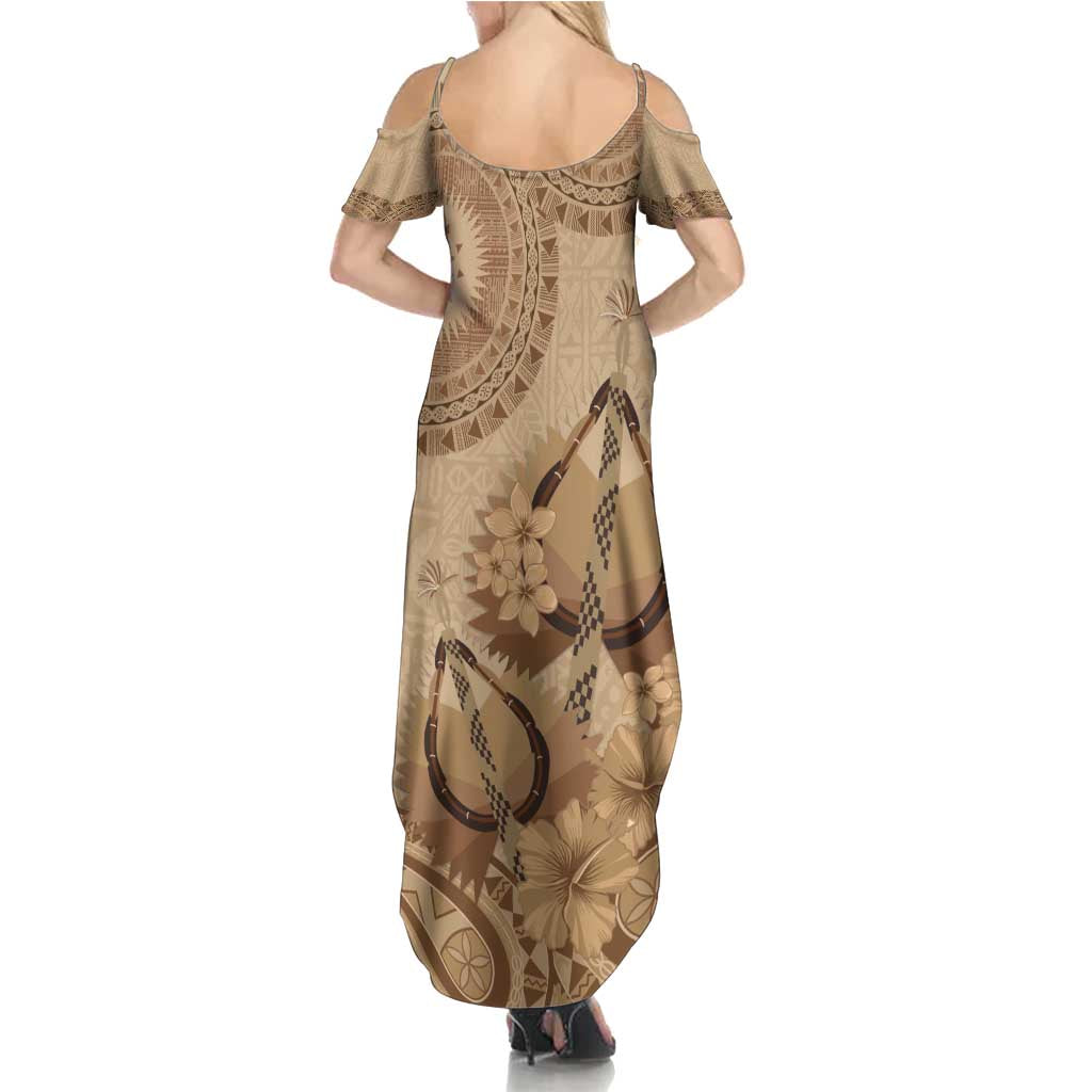 Brown Bula Fiji Family Matching Summer Maxi Dress and Hawaiian Shirt Fijian Dance Fan Tapa Cloth Pattern