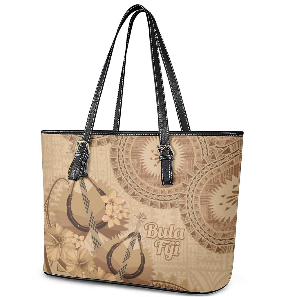 Brown Bula Fiji Leather Tote Bag Fijian Dance Fan Tapa Cloth Pattern