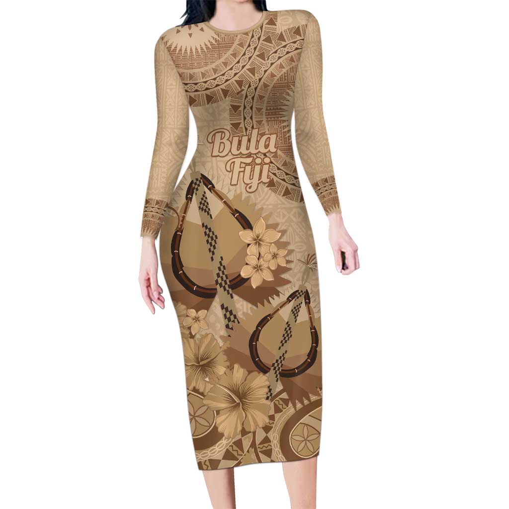 Brown Bula Fiji Long Sleeve Bodycon Dress Fijian Dance Fan Tapa Cloth Pattern