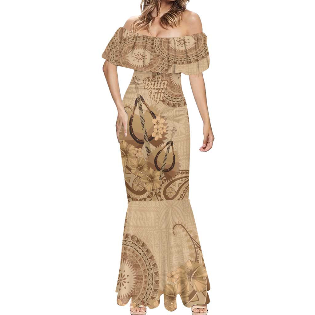 Brown Bula Fiji Mermaid Dress Fijian Dance Fan Tapa Cloth Pattern