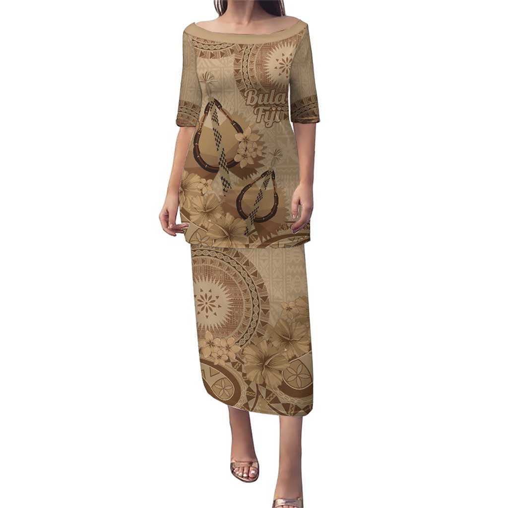 Brown Bula Fiji Puletasi Fijian Dance Fan Tapa Cloth Pattern LT14 Long Dress Brown - Polynesian Pride