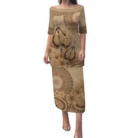 Brown Bula Fiji Puletasi Fijian Dance Fan Tapa Cloth Pattern LT14 Long Dress Brown - Polynesian Pride