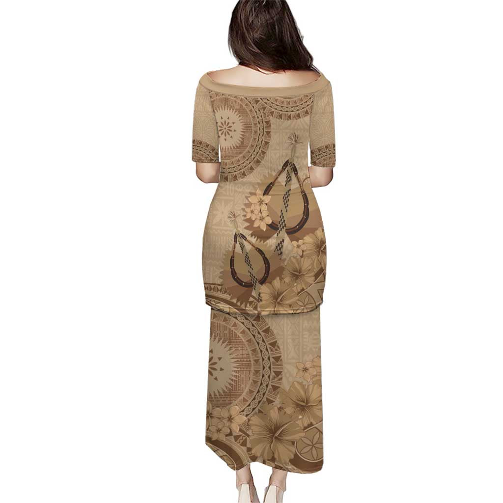 Brown Bula Fiji Puletasi Fijian Dance Fan Tapa Cloth Pattern LT14 - Polynesian Pride