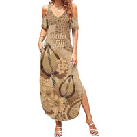 Brown Bula Fiji Summer Maxi Dress Fijian Dance Fan Tapa Cloth Pattern