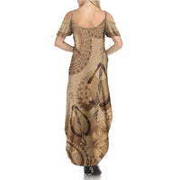 Brown Bula Fiji Summer Maxi Dress Fijian Dance Fan Tapa Cloth Pattern