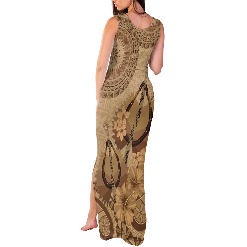 Brown Bula Fiji Tank Maxi Dress Fijian Dance Fan Tapa Cloth Pattern