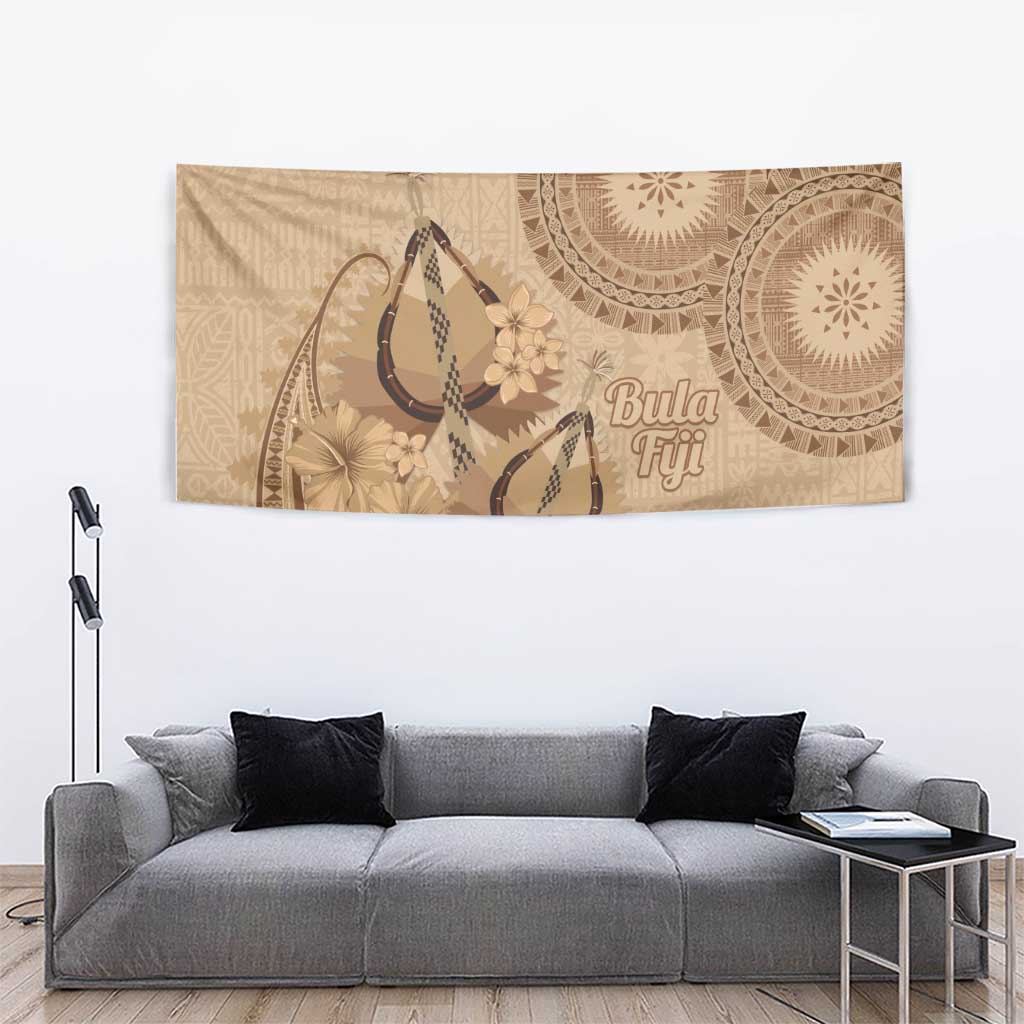 Brown Bula Fiji Tapestry Fijian Dance Fan Tapa Cloth Pattern