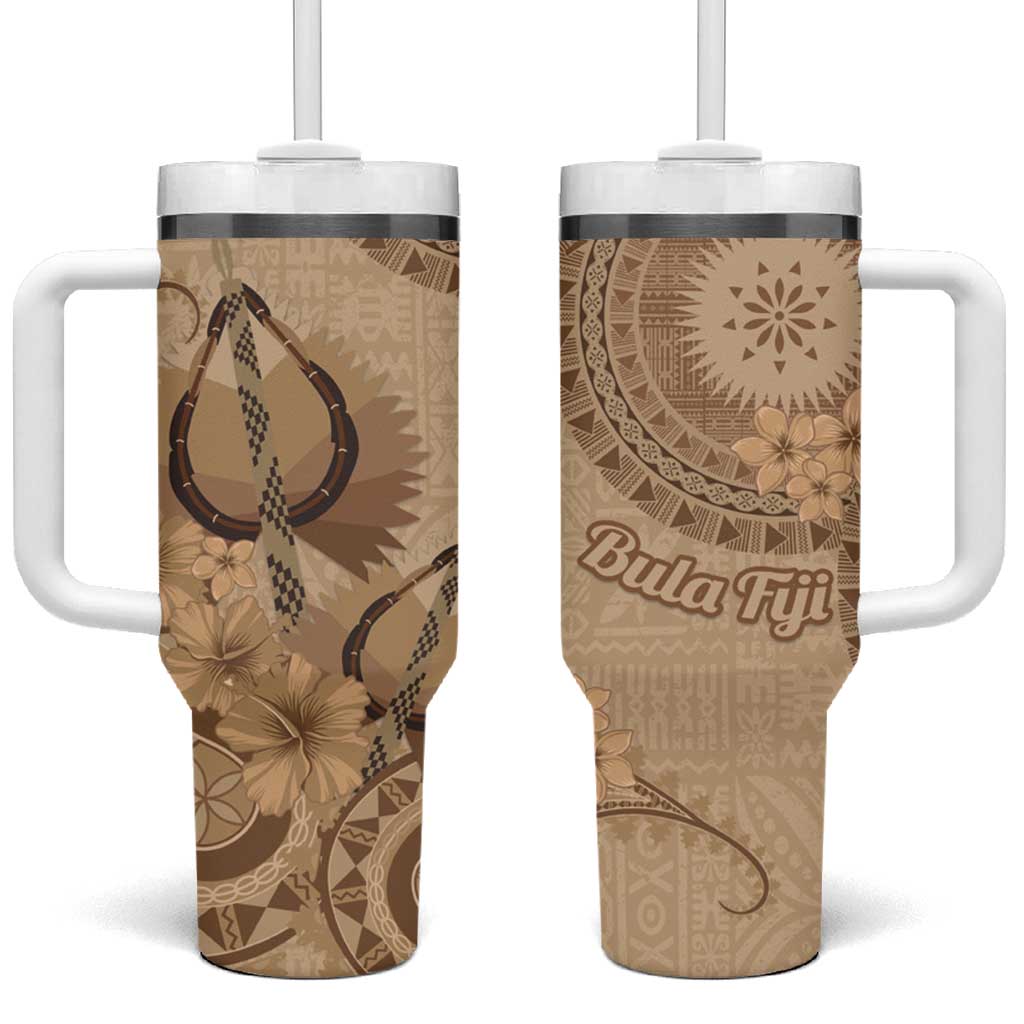 Brown Bula Fiji Tumbler With Handle Fijian Dance Fan Tapa Cloth Pattern LT14 One Size: 40 oz Brown - Polynesian Pride