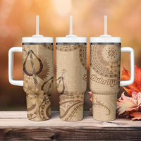 Brown Bula Fiji Tumbler With Handle Fijian Dance Fan Tapa Cloth Pattern LT14 - Polynesian Pride
