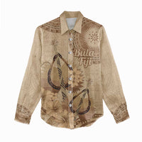 Brown Bula Fiji Women Casual Shirt Fijian Dance Fan Tapa Cloth Pattern
