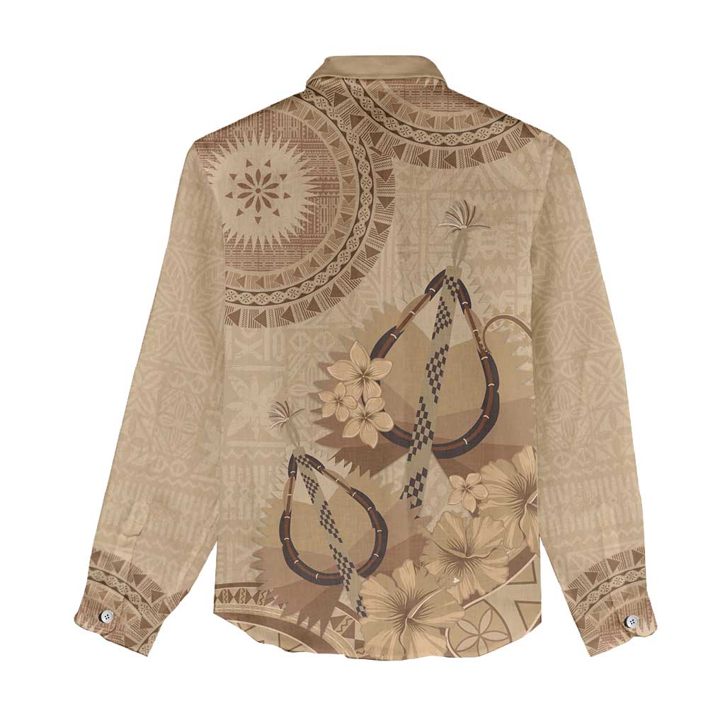 Brown Bula Fiji Women Casual Shirt Fijian Dance Fan Tapa Cloth Pattern