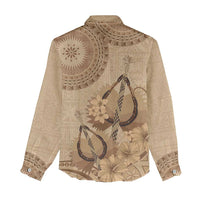 Brown Bula Fiji Women Casual Shirt Fijian Dance Fan Tapa Cloth Pattern