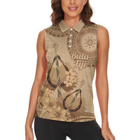 Brown Bula Fiji Women Sleeveless Polo Shirt Fijian Dance Fan Tapa Cloth Pattern