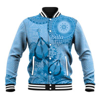Blue Bula Fiji Baseball Jacket Fijian Dance Fan Tapa Cloth Pattern