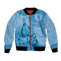 Blue Bula Fiji Bomber Jacket Fijian Dance Fan Tapa Cloth Pattern