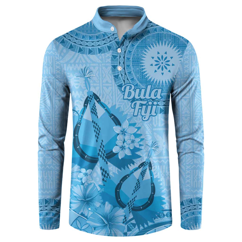 Blue Bula Fiji Button Sweatshirt Fijian Dance Fan Tapa Cloth Pattern