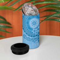 Blue Bula Fiji 4 in 1 Can Cooler Tumbler Fijian Dance Fan Tapa Cloth Pattern