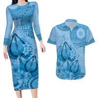 Blue Bula Fiji Couples Matching Long Sleeve Bodycon Dress and Hawaiian Shirt Fijian Dance Fan Tapa Cloth Pattern