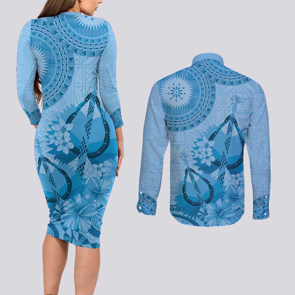 Blue Bula Fiji Couples Matching Long Sleeve Bodycon Dress and Long Sleeve Button Shirt Fijian Dance Fan Tapa Cloth Pattern