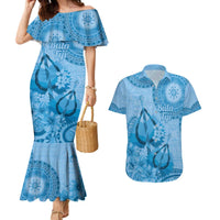 Blue Bula Fiji Couples Matching Mermaid Dress and Hawaiian Shirt Fijian Dance Fan Tapa Cloth Pattern