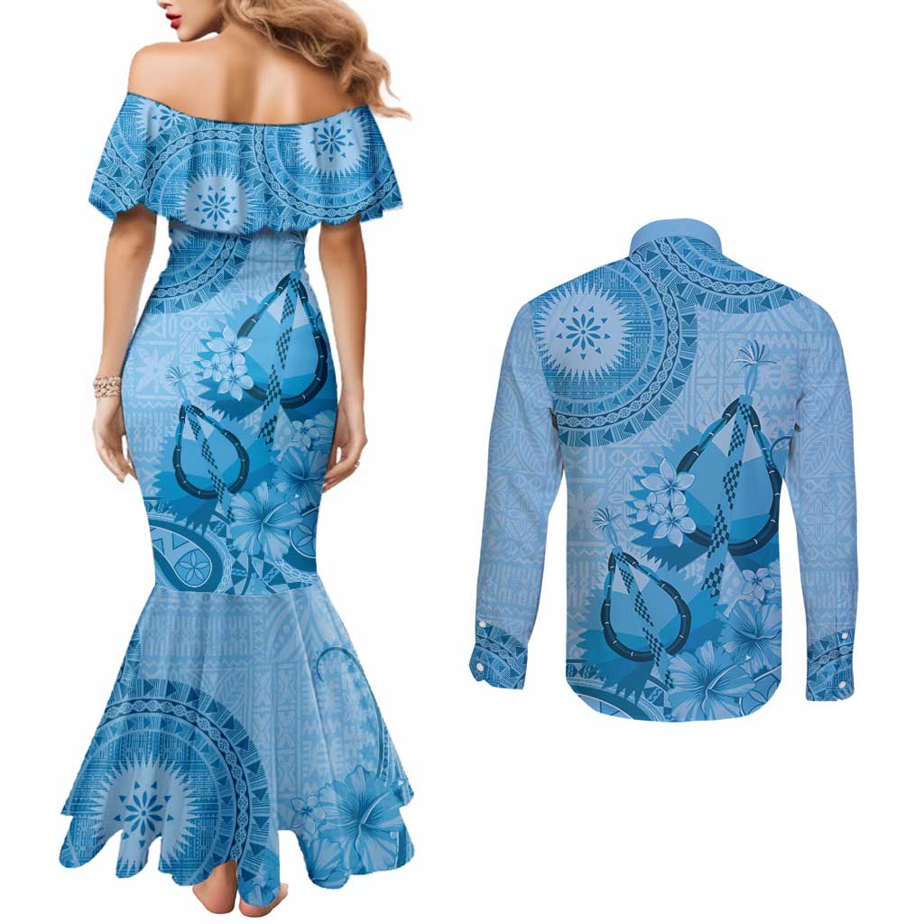 Blue Bula Fiji Couples Matching Mermaid Dress and Long Sleeve Button Shirt Fijian Dance Fan Tapa Cloth Pattern
