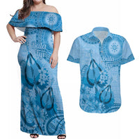 Blue Bula Fiji Couples Matching Off Shoulder Maxi Dress and Hawaiian Shirt Fijian Dance Fan Tapa Cloth Pattern