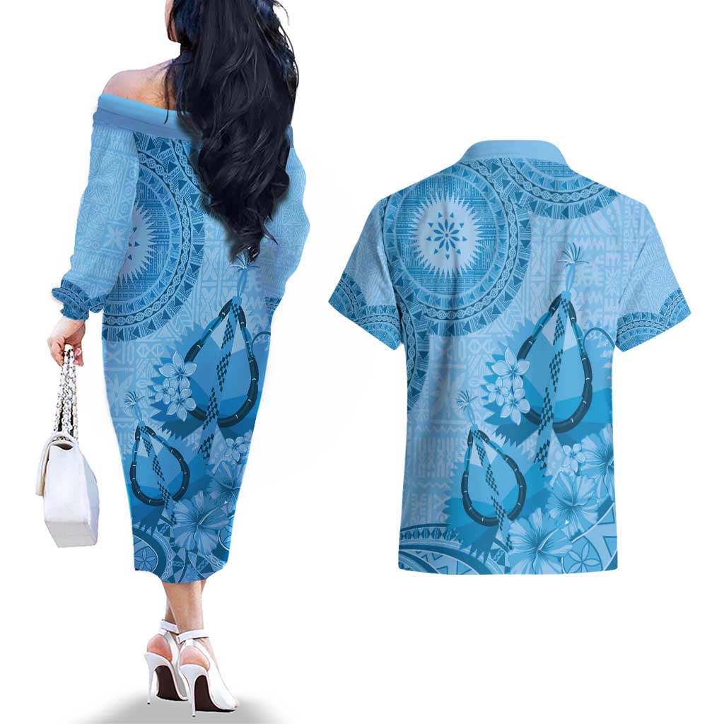 Blue Bula Fiji Couples Matching Off The Shoulder Long Sleeve Dress and Hawaiian Shirt Fijian Dance Fan Tapa Cloth Pattern