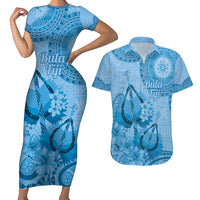 Blue Bula Fiji Couples Matching Short Sleeve Bodycon Dress and Hawaiian Shirt Fijian Dance Fan Tapa Cloth Pattern