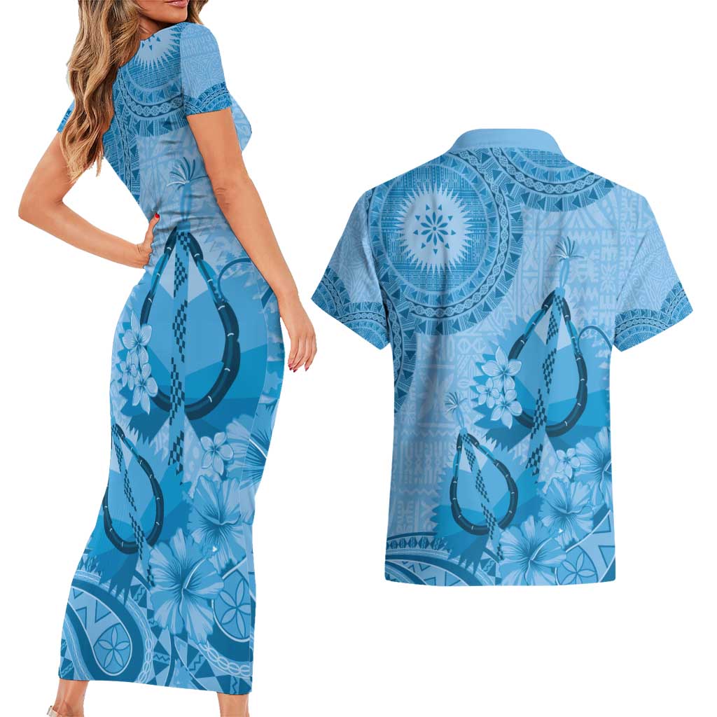 Blue Bula Fiji Couples Matching Short Sleeve Bodycon Dress and Hawaiian Shirt Fijian Dance Fan Tapa Cloth Pattern