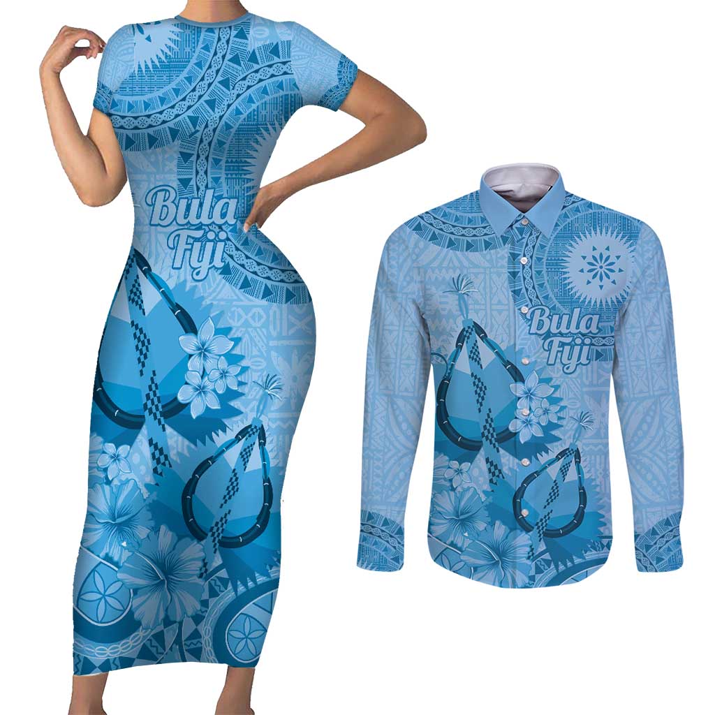 Blue Bula Fiji Couples Matching Short Sleeve Bodycon Dress and Long Sleeve Button Shirt Fijian Dance Fan Tapa Cloth Pattern