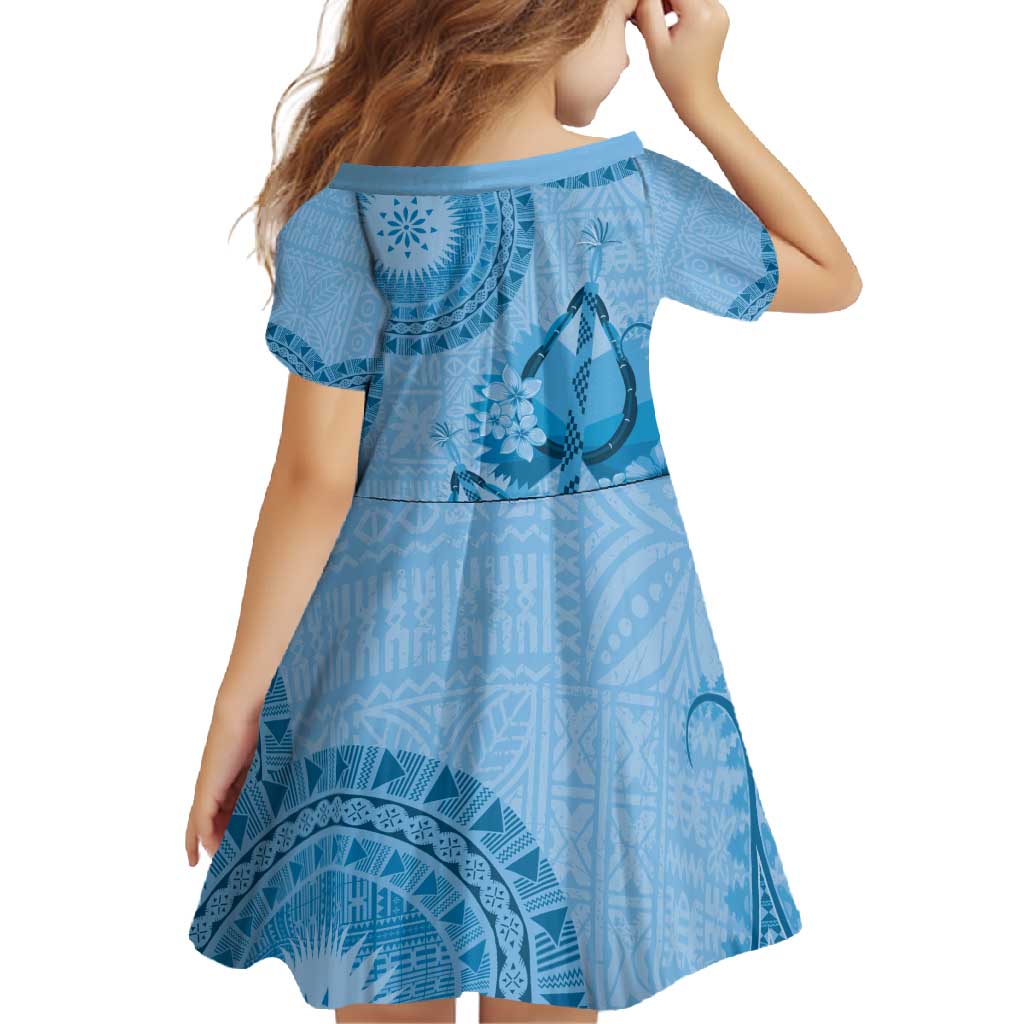 Blue Bula Fiji Family Matching Long Sleeve Bodycon Dress and Hawaiian Shirt Fijian Dance Fan Tapa Cloth Pattern