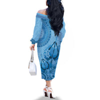 Blue Bula Fiji Family Matching Off The Shoulder Long Sleeve Dress and Hawaiian Shirt Fijian Dance Fan Tapa Cloth Pattern