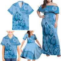 Blue Bula Fiji Family Matching Off Shoulder Maxi Dress and Hawaiian Shirt Fijian Dance Fan Tapa Cloth Pattern