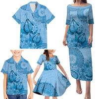 Blue Bula Fiji Family Matching Puletasi and Hawaiian Shirt Fijian Dance Fan Tapa Cloth Pattern