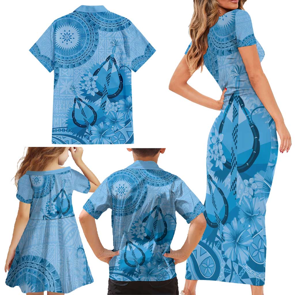 Blue Bula Fiji Family Matching Short Sleeve Bodycon Dress and Hawaiian Shirt Fijian Dance Fan Tapa Cloth Pattern