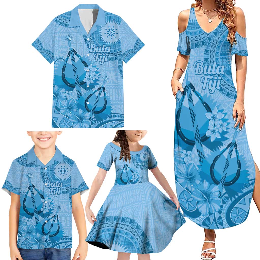Blue Bula Fiji Family Matching Summer Maxi Dress and Hawaiian Shirt Fijian Dance Fan Tapa Cloth Pattern