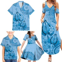 Blue Bula Fiji Family Matching Summer Maxi Dress and Hawaiian Shirt Fijian Dance Fan Tapa Cloth Pattern