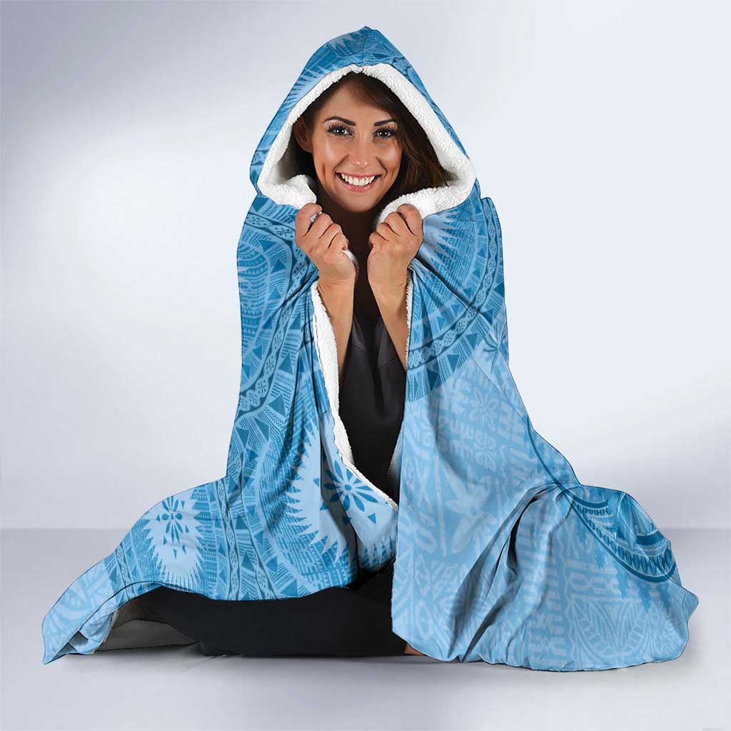 Blue Bula Fiji Hooded Blanket Fijian Dance Fan Tapa Cloth Pattern