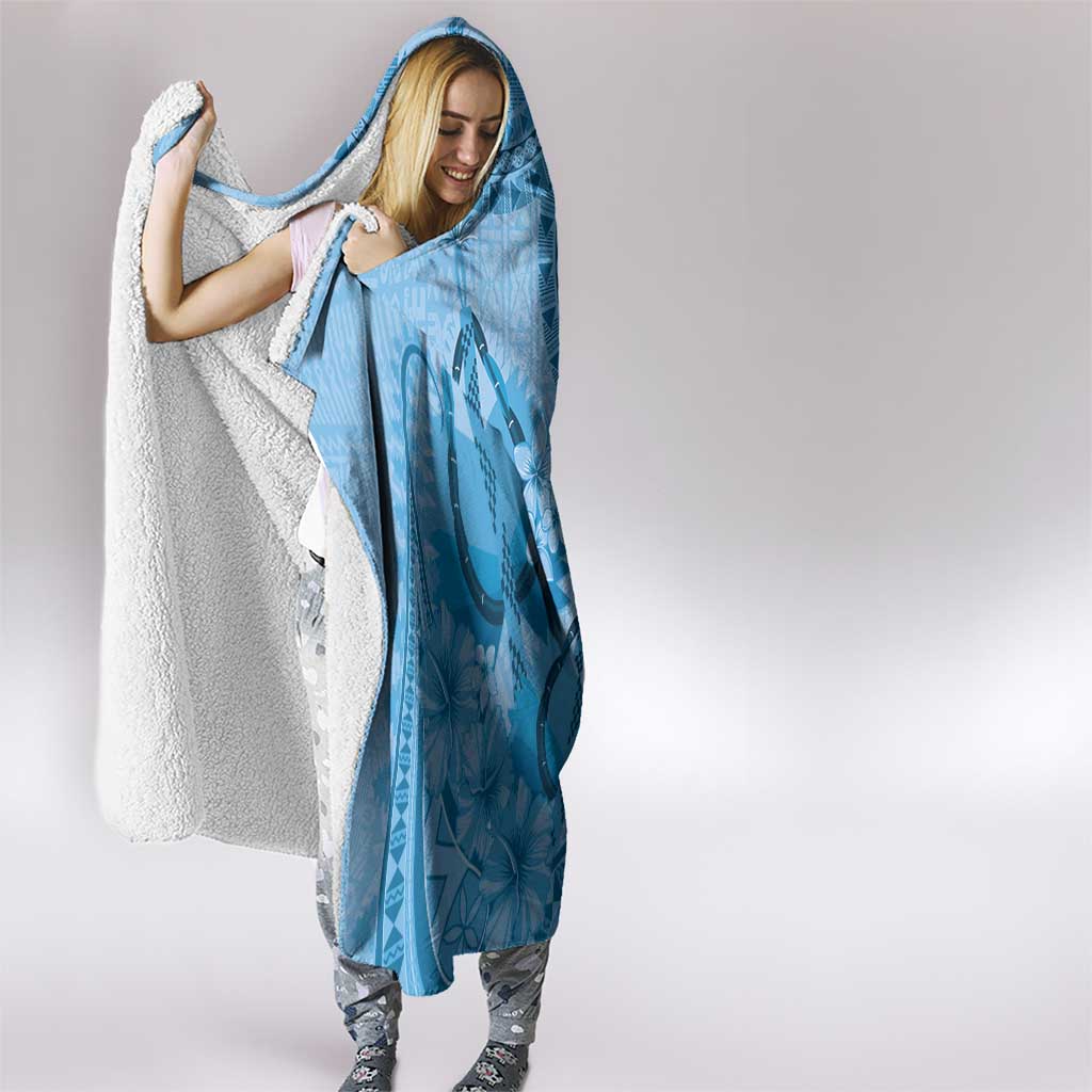 Blue Bula Fiji Hooded Blanket Fijian Dance Fan Tapa Cloth Pattern