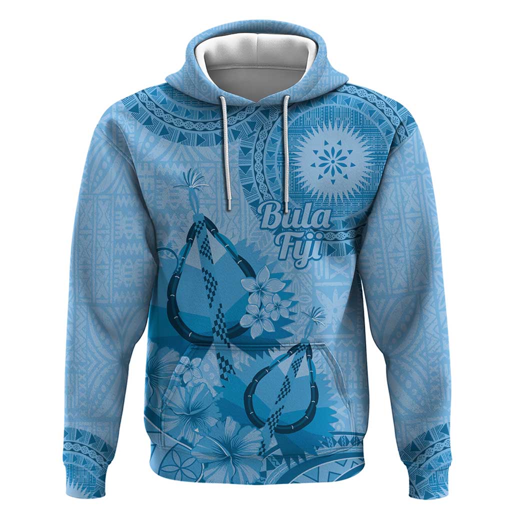Blue Bula Fiji Hoodie Fijian Dance Fan Tapa Cloth Pattern