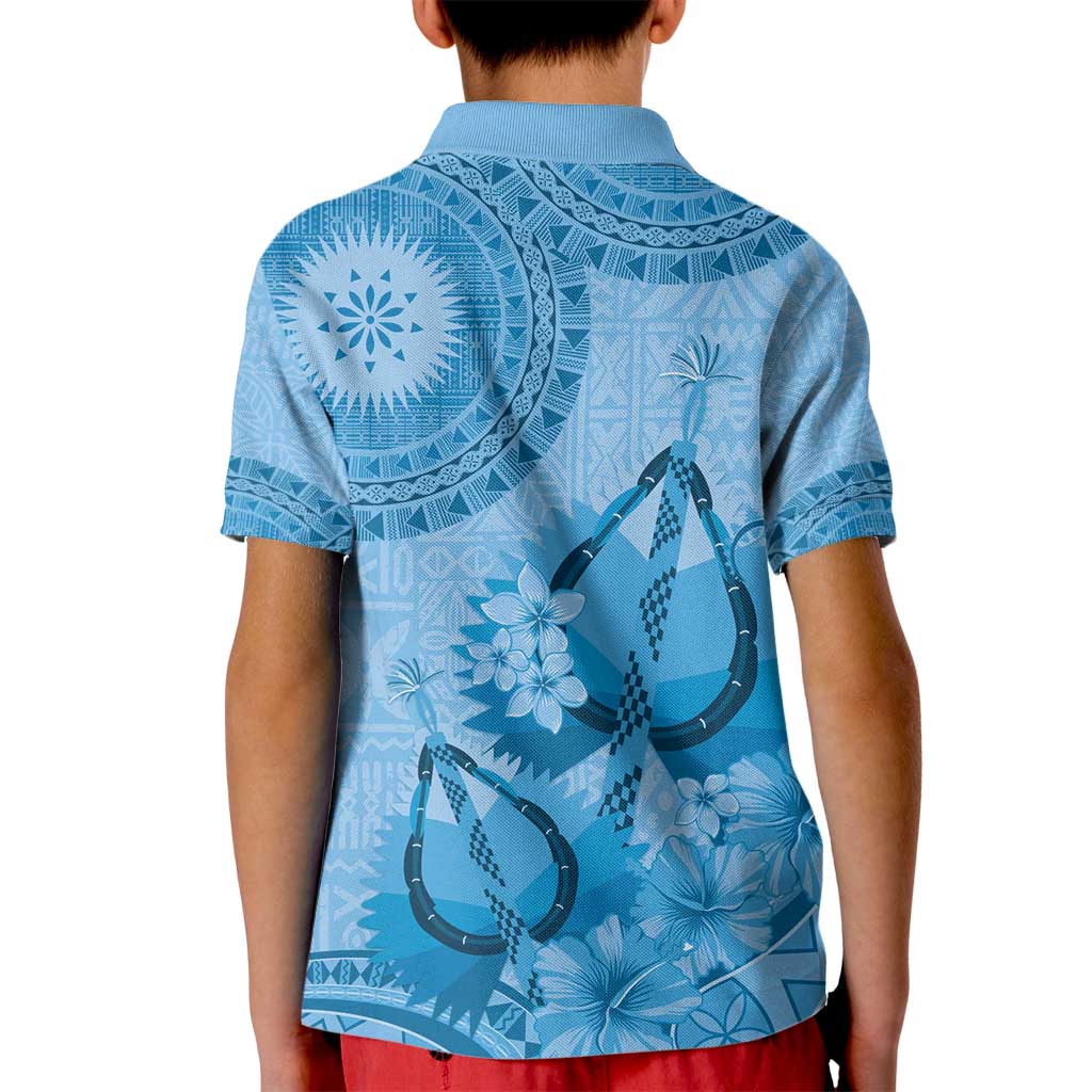 Blue Bula Fiji Kid Polo Shirt Fijian Dance Fan Tapa Cloth Pattern
